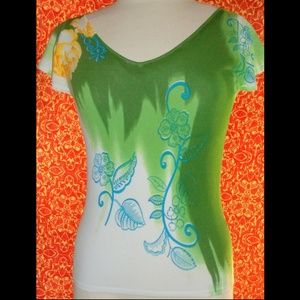 LOUISE FD green artsy floral cap sleeve blouse S✨